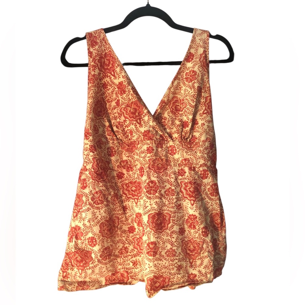 KUHL Cotton Sleeveless Crossover V-Neck Floral Print Women's Tan and Red Top